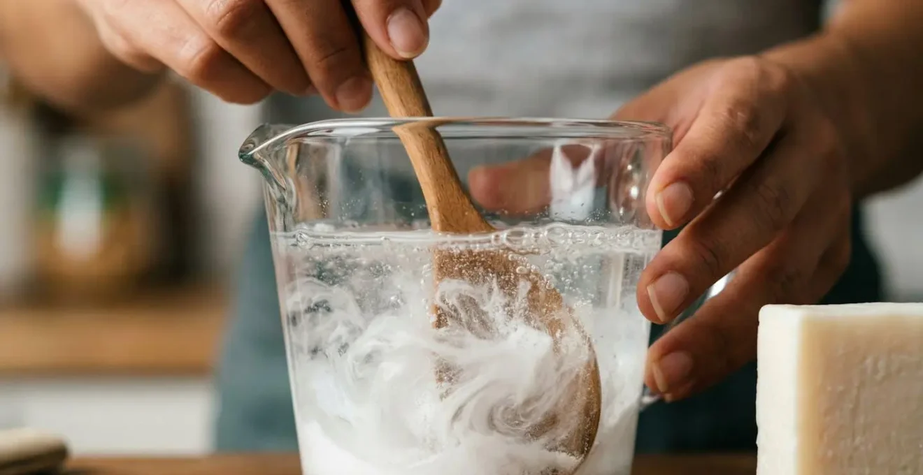 Préparation artisanale d'un shampoing pour sneakers avec bicarbonate et ingrédients naturels
