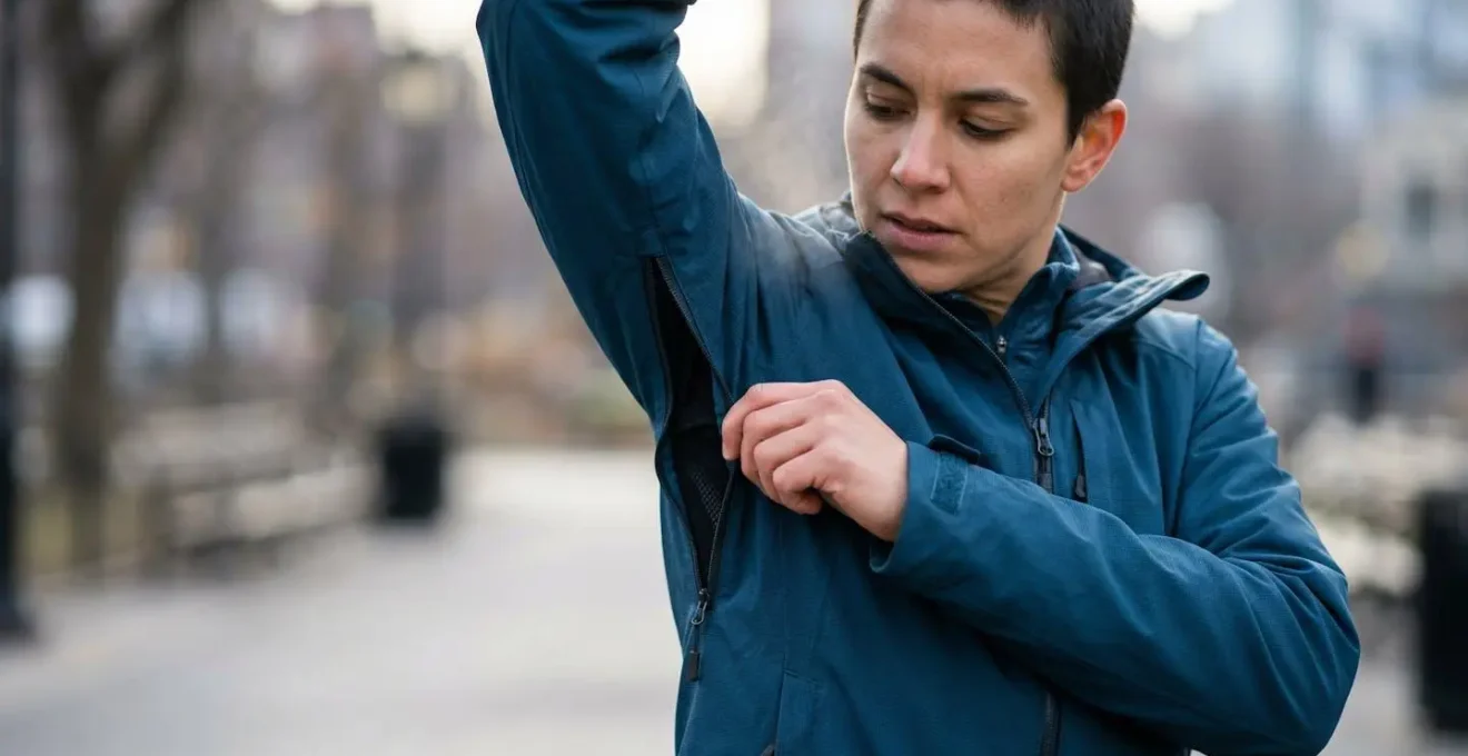 Détails d'aérations mécaniques sur vêtements techniques urbains