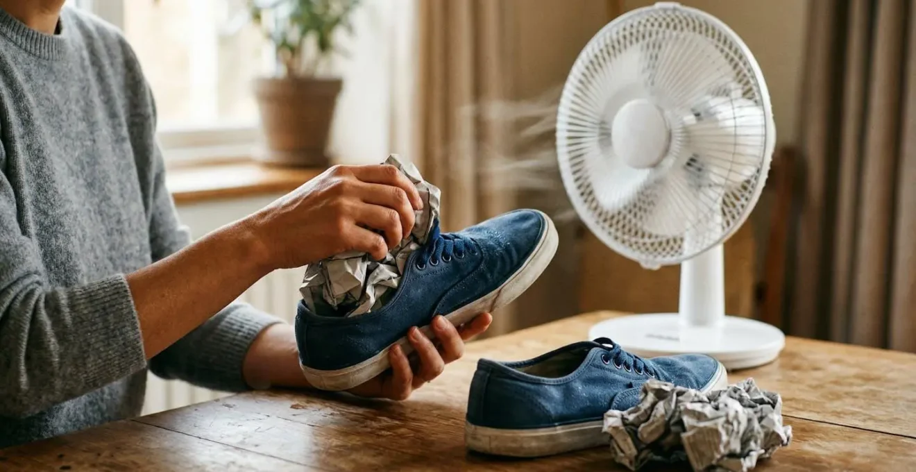 Sneakers bourrées de papier journal séchant devant un ventilateur