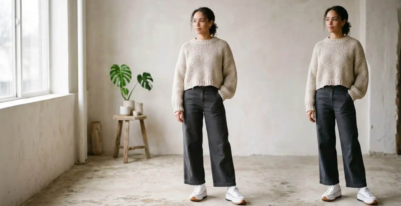 Portrait en pied d'une personne portant un haut oversize court avec des baskets plateformes, créant une silhouette équilibrée