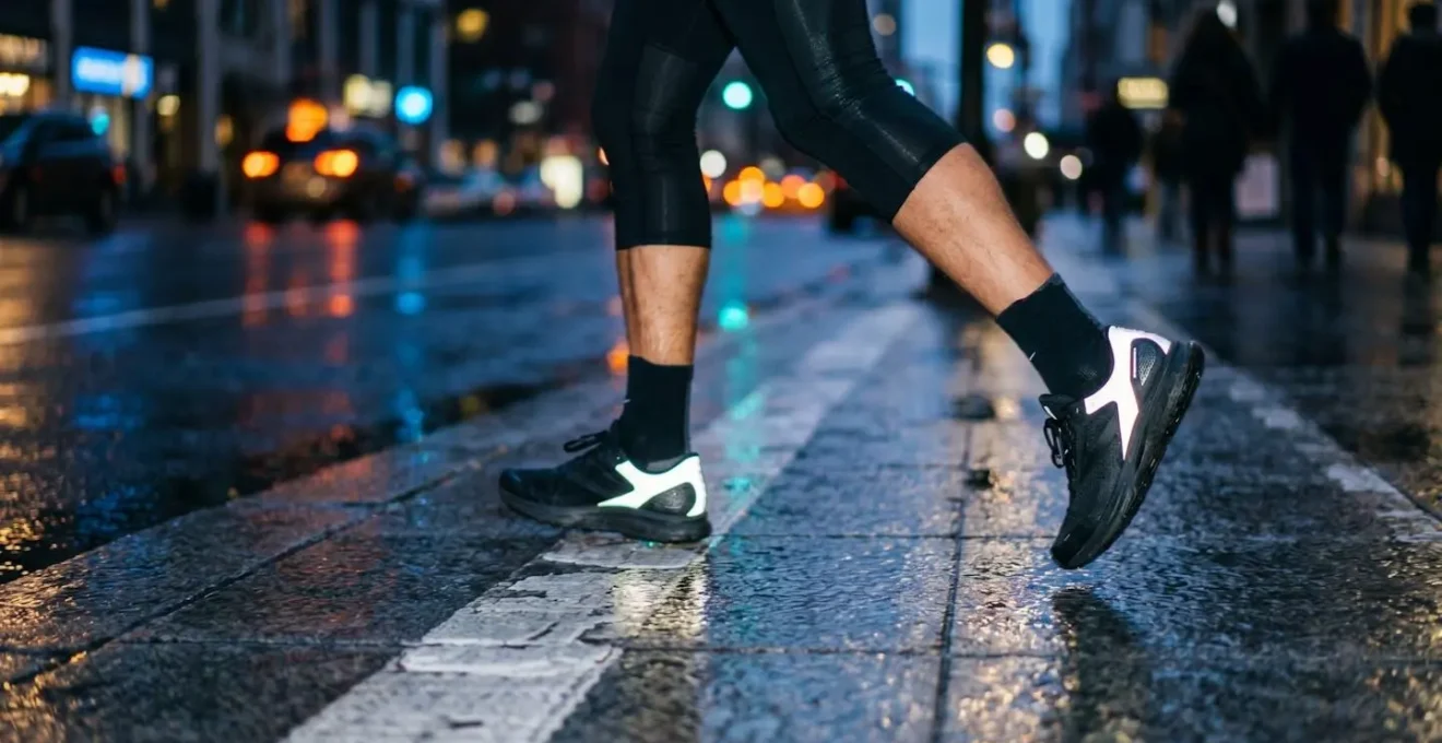 Sneakers avec détails réfléchissants photographiées dans un environnement urbain au crépuscule
