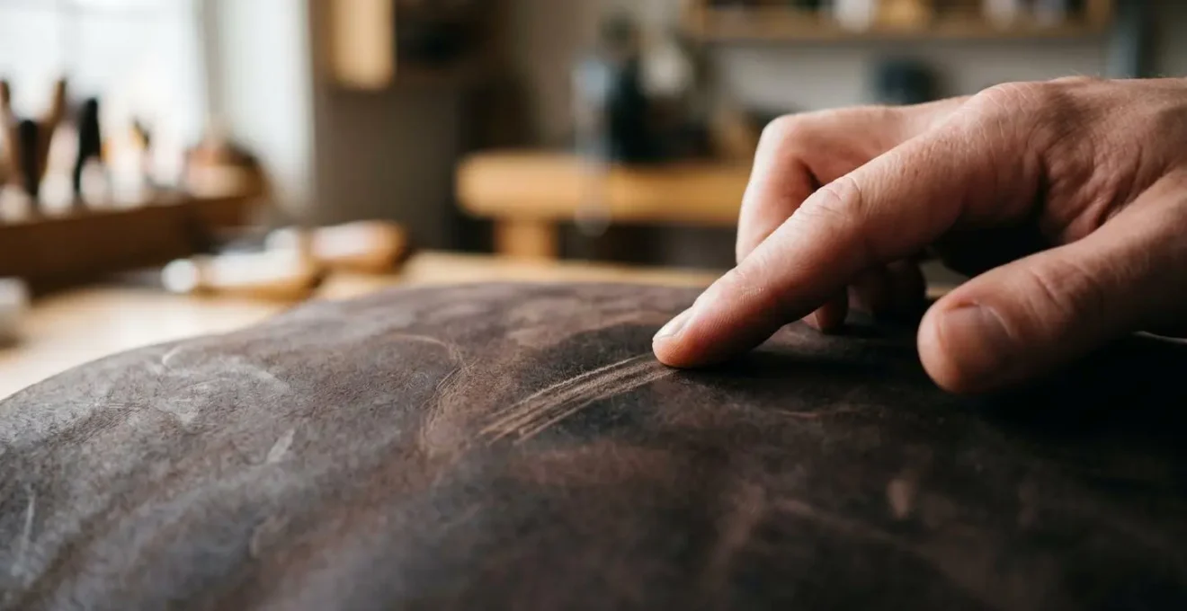 Main frottant délicatement une surface en nubuck gras pour faire disparaître une rayure