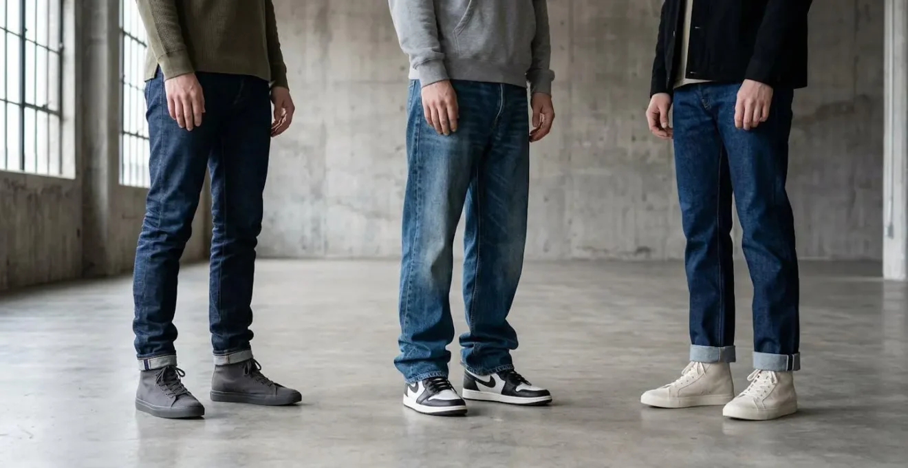 Vue large montrant différents effets de stacking sur pantalons avec baskets montantes
