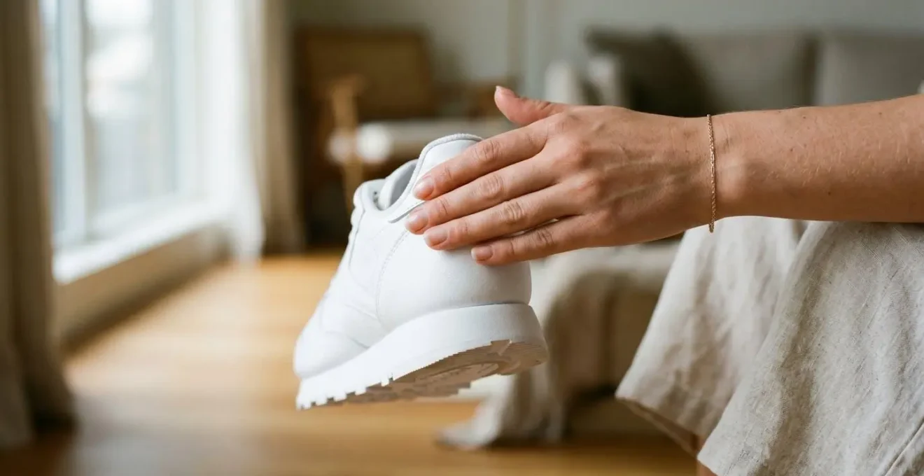Main couvrant délicatement le logo d'une sneaker blanche pour révéler la beauté de sa forme pure