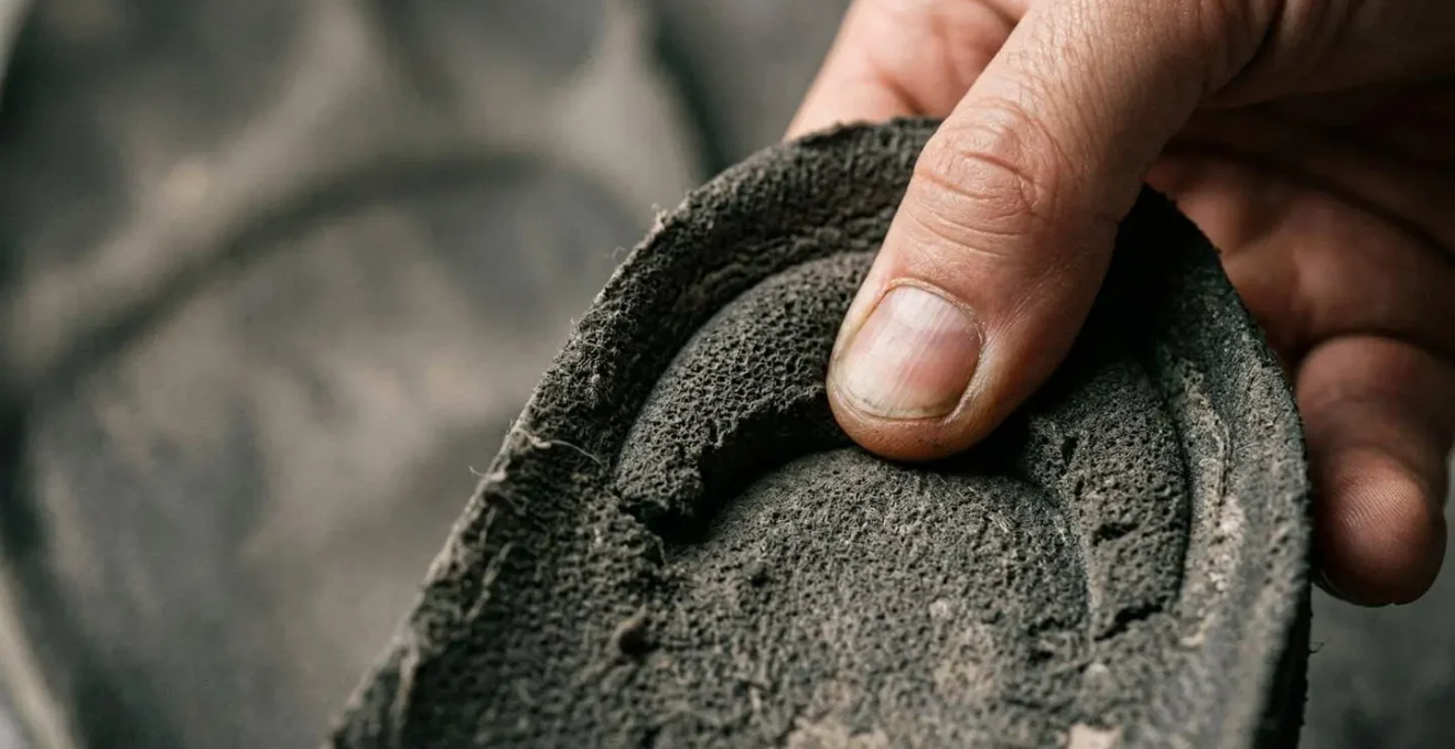 Gros plan d'un pouce appuyant sur une semelle de sneaker pour tester sa mémoire de forme