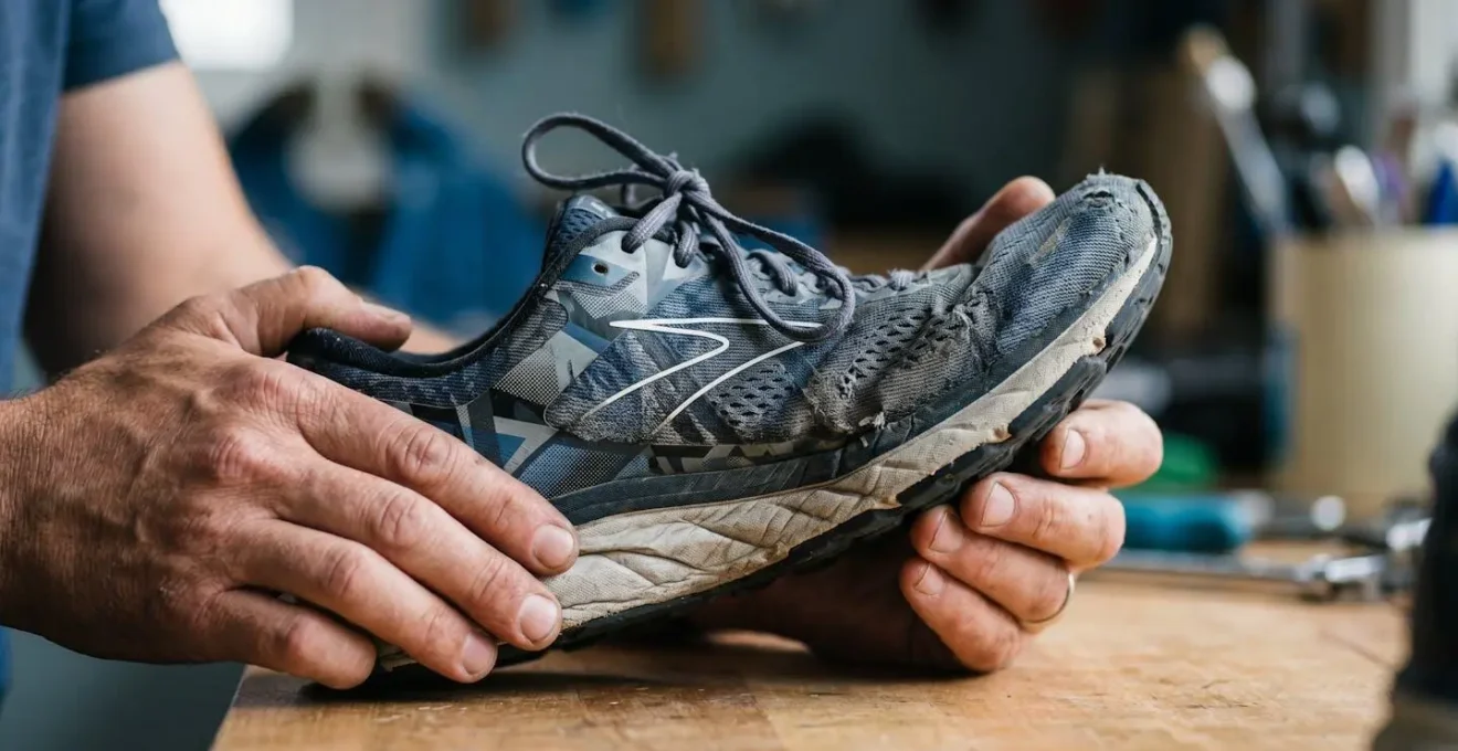 Mains effectuant le test du pli sur une chaussure de sport pour vérifier l'usure de la semelle