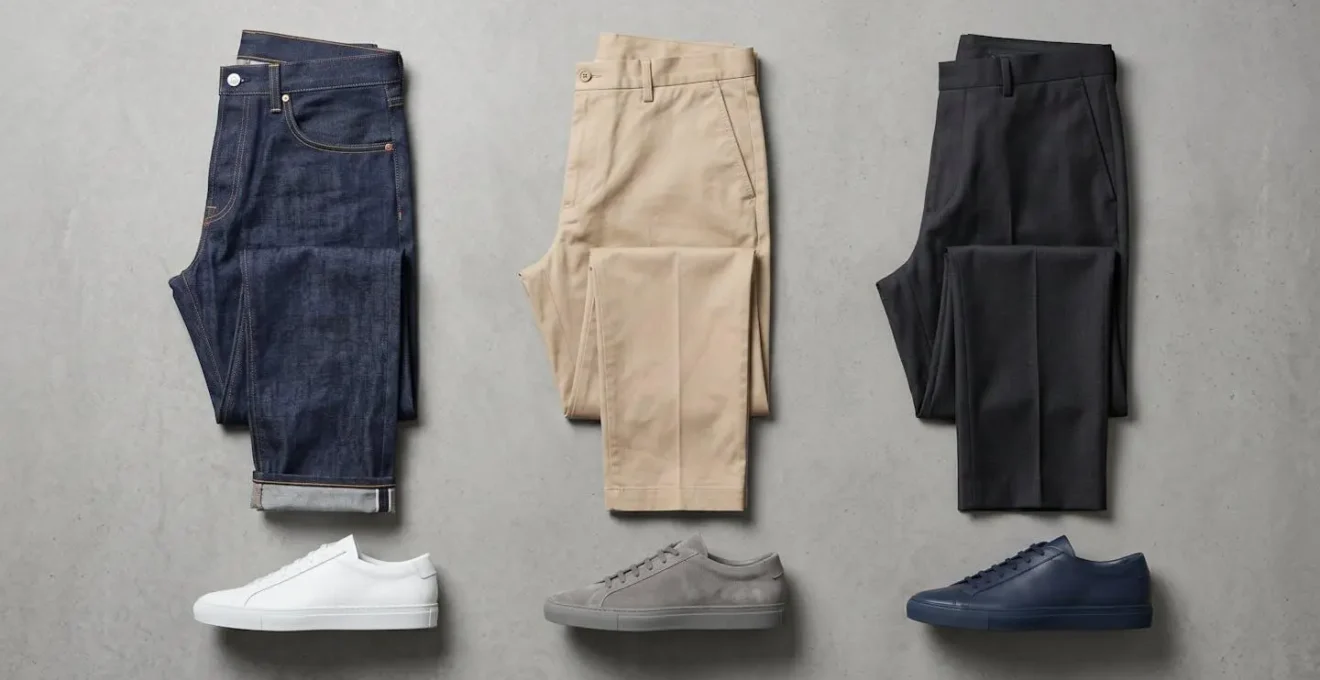Vue de haut montrant trois types de pantalons avec différentes sneakers minimalistes
