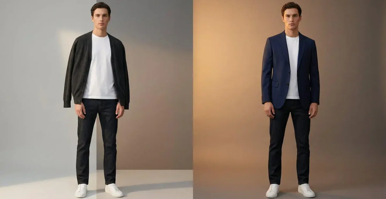Transition élégante d'une tenue casual de jour vers un look soirée par le changement d'un blazer
