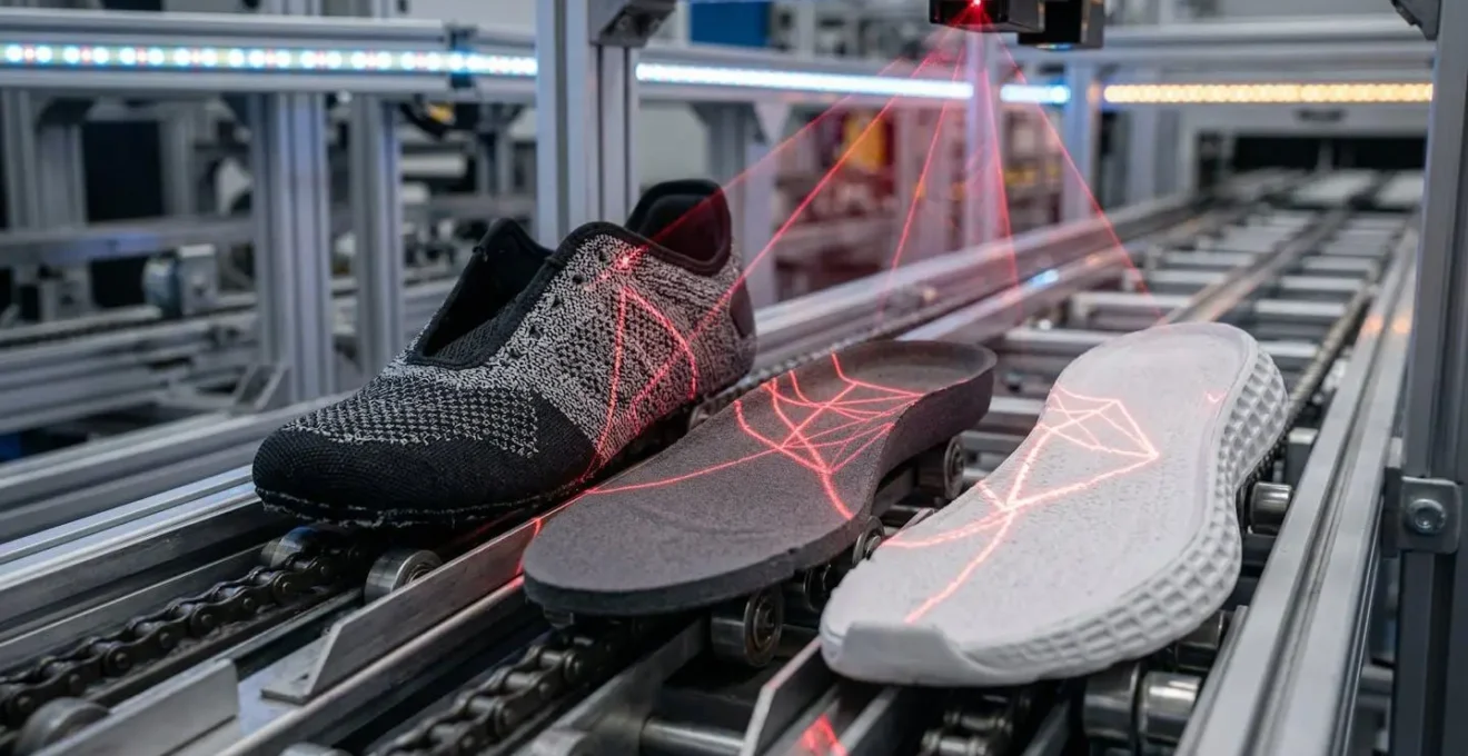 Machine de tri optique analysant des chaussures démontées sur un tapis roulant