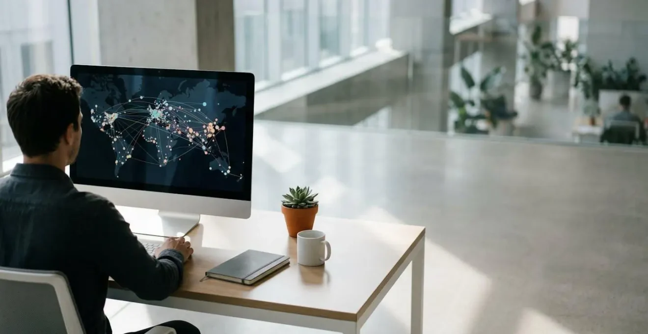 Écran d'ordinateur montrant une carte interactive avec des points représentant des usines textiles, vue de côté avec une main pointant vers l'écran