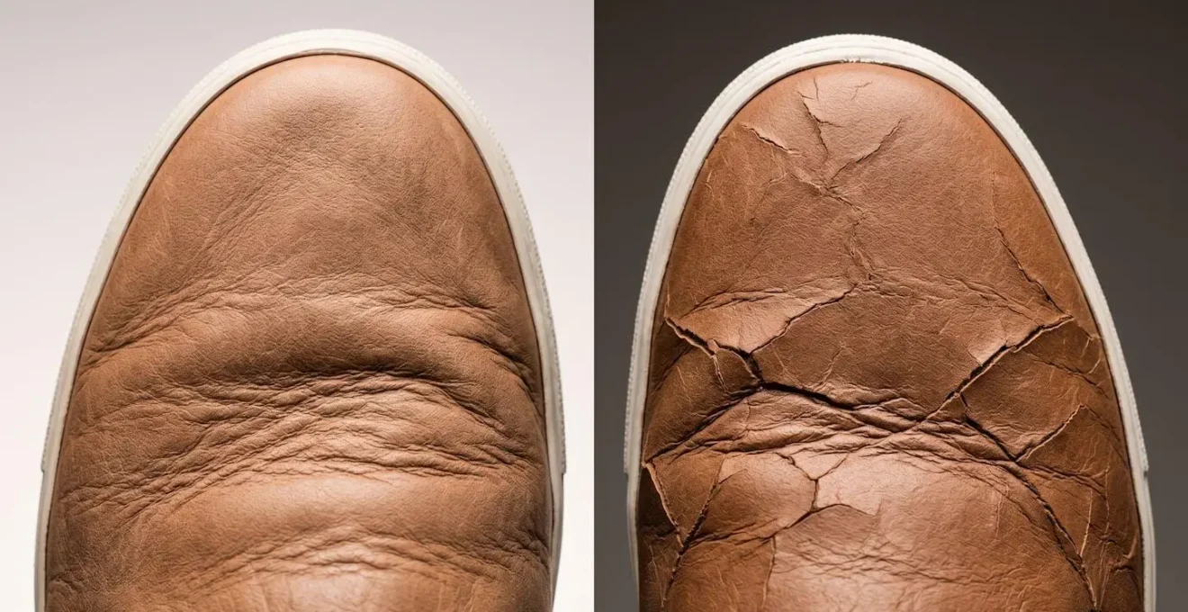 Comparaison visuelle entre plis naturels harmonieux et cassures problématiques sur des sneakers en cuir