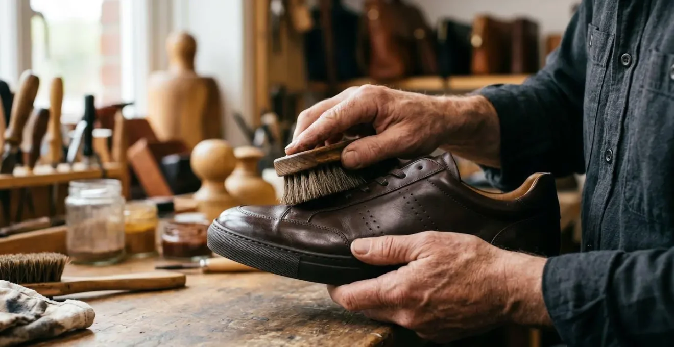 Mains expertes lustrant une sneaker en cuir avec une brosse en crin de cheval